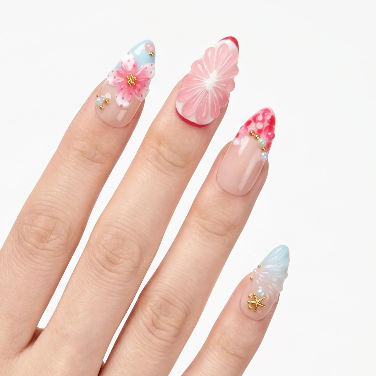 Whimsical Mermaid Blossom & Starfish Press On Nails | 10PCS