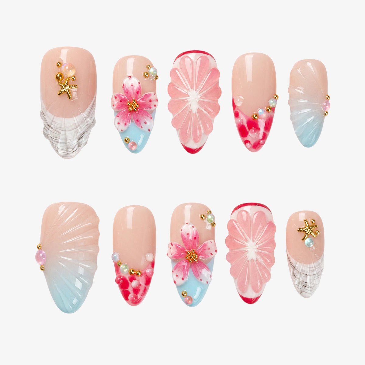 Whimsical Mermaid Blossom & Starfish Press On Nails | 10PCS