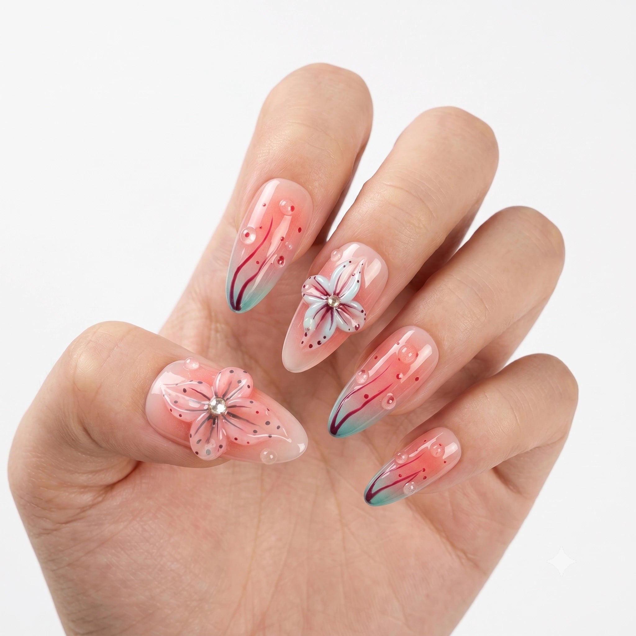 Statement Contrasting Coral Blossom Press On Nails | 10PCS