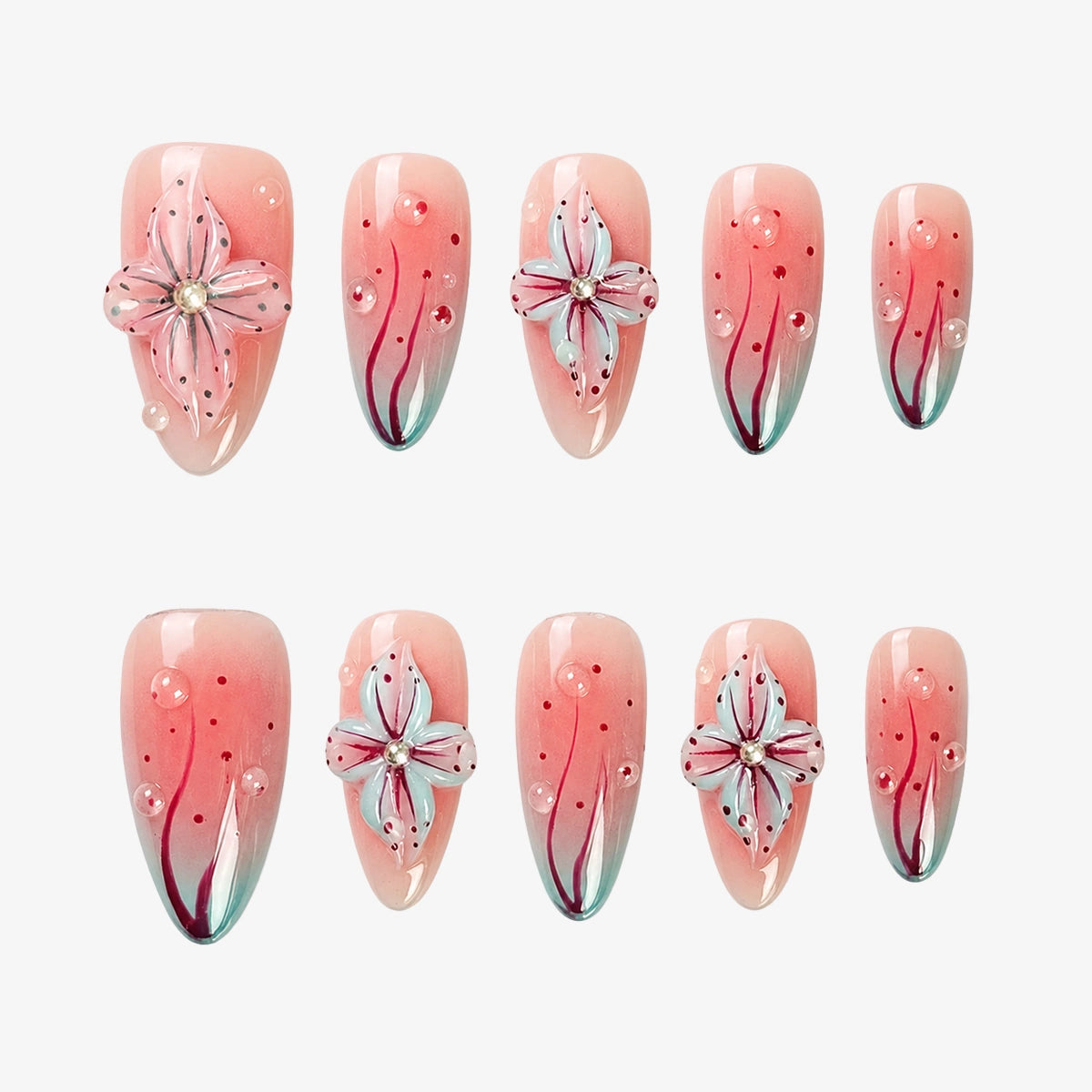 Statement Contrasting Coral Blossom Press On Nails | 10PCS