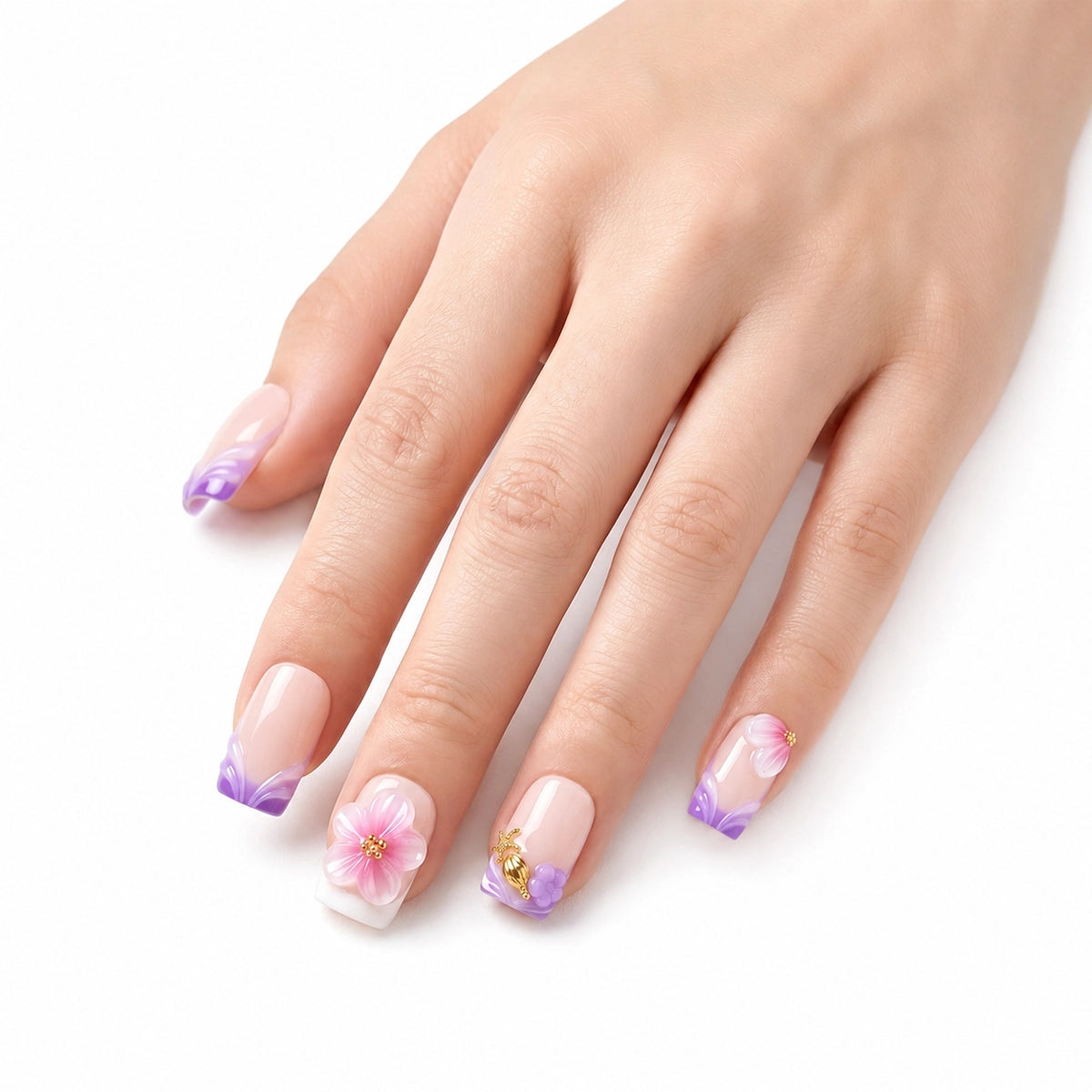 Mermaid Summer Purple Shell & Floral Press On Nails | 10PCS