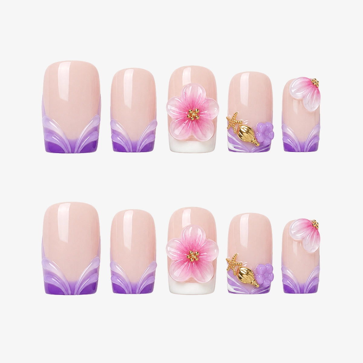Mermaid Summer Purple Shell & Floral Press On Nails | 10PCS