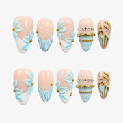 Aqua Gilded Petal Almond Press On Nails | Salon-Pro 10PCS