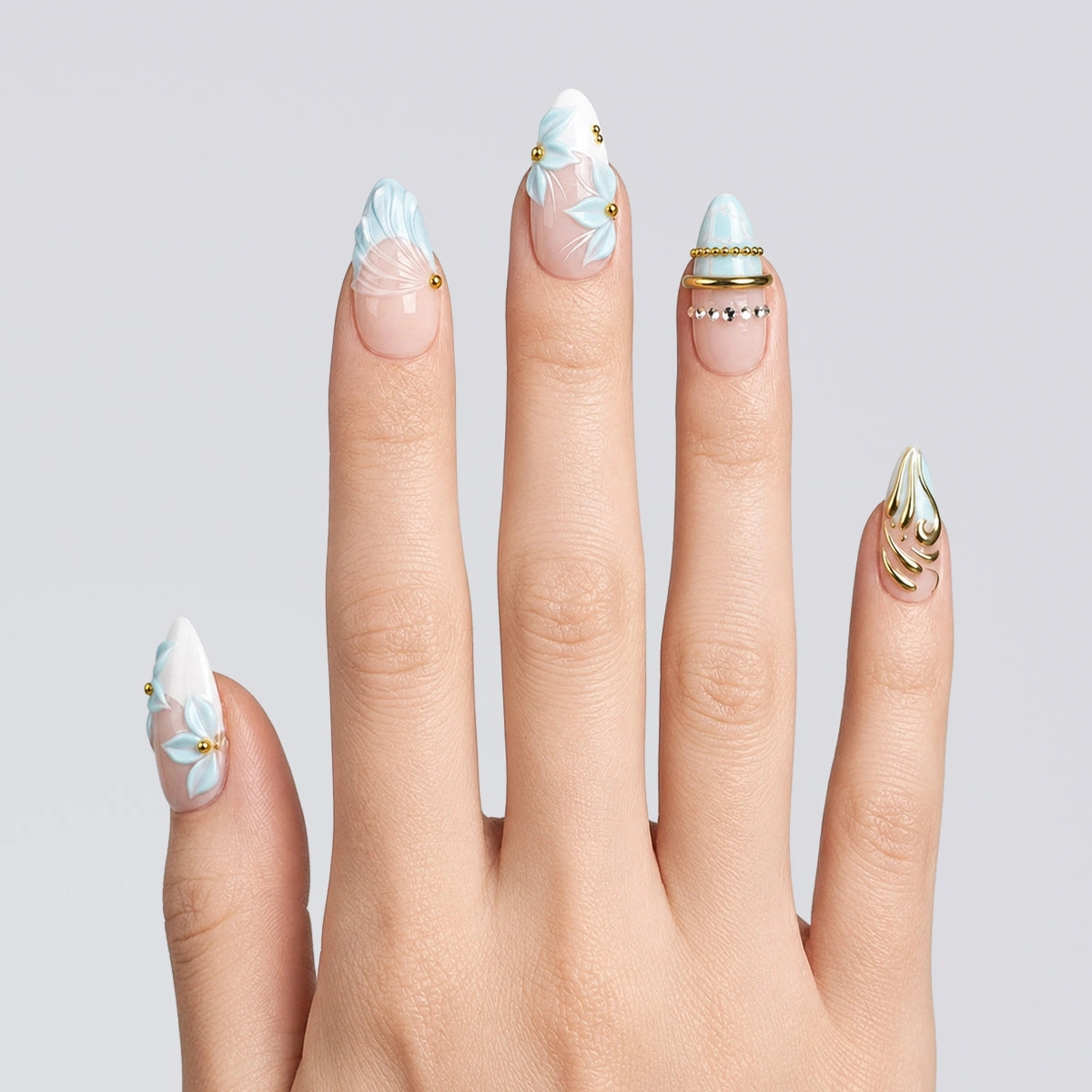 Aqua Gilded Petal Almond Press On Nails | Salon-Pro 10PCS