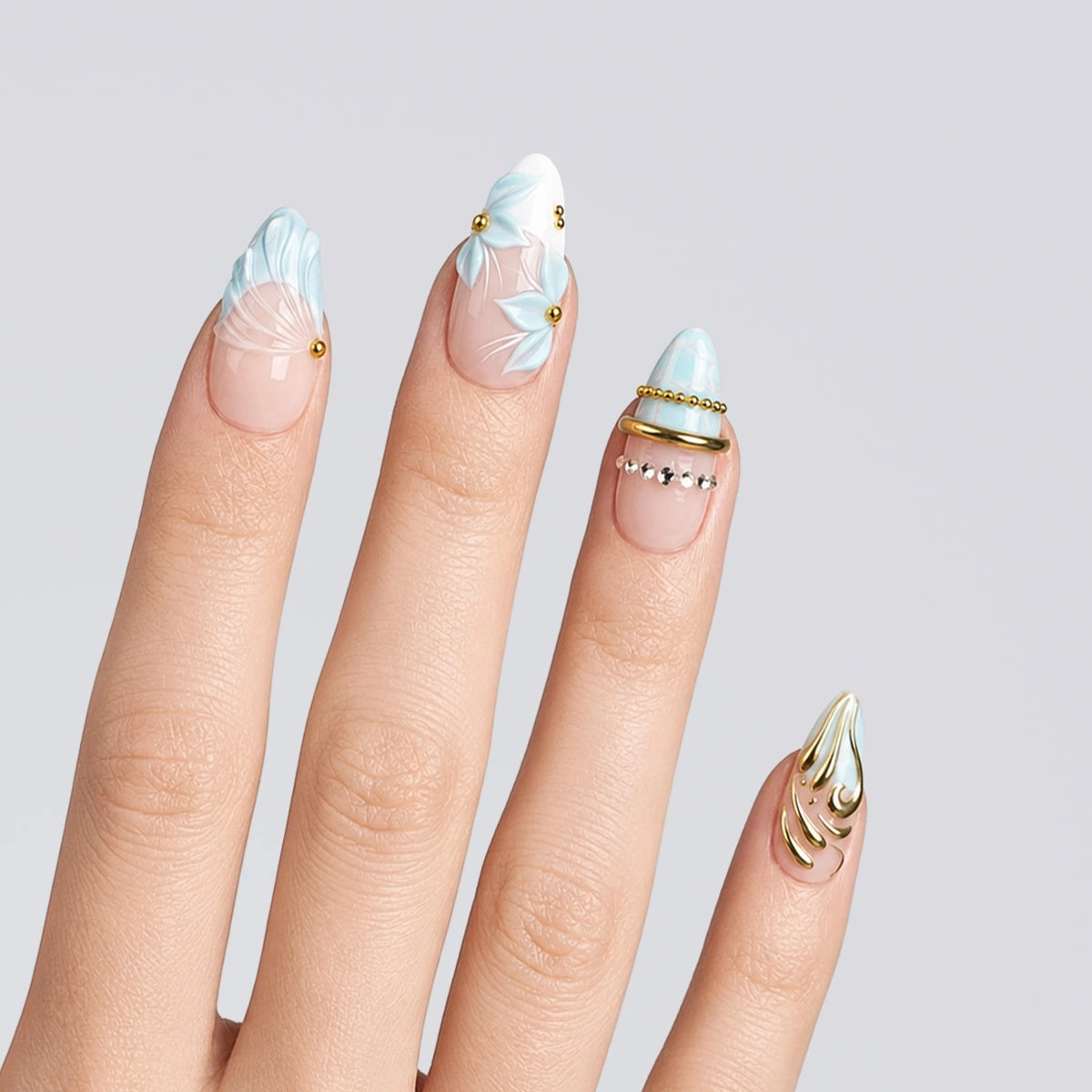 Aqua Gilded Petal Almond Press On Nails | Salon-Pro 10PCS