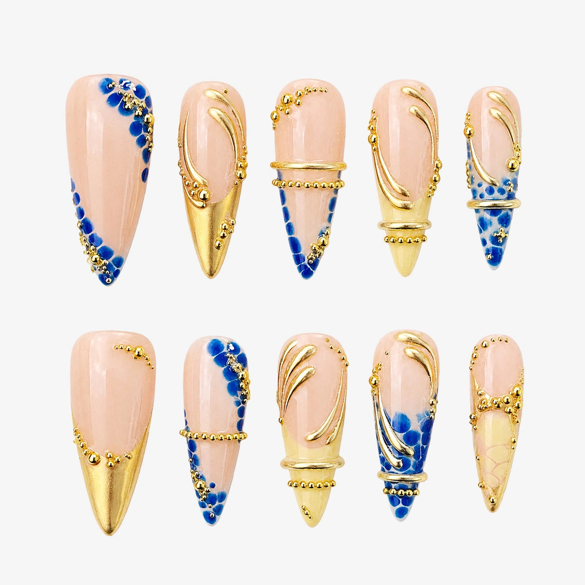 Cobalt Gilded Jewel Stiletto Press On Nails | 10PCS