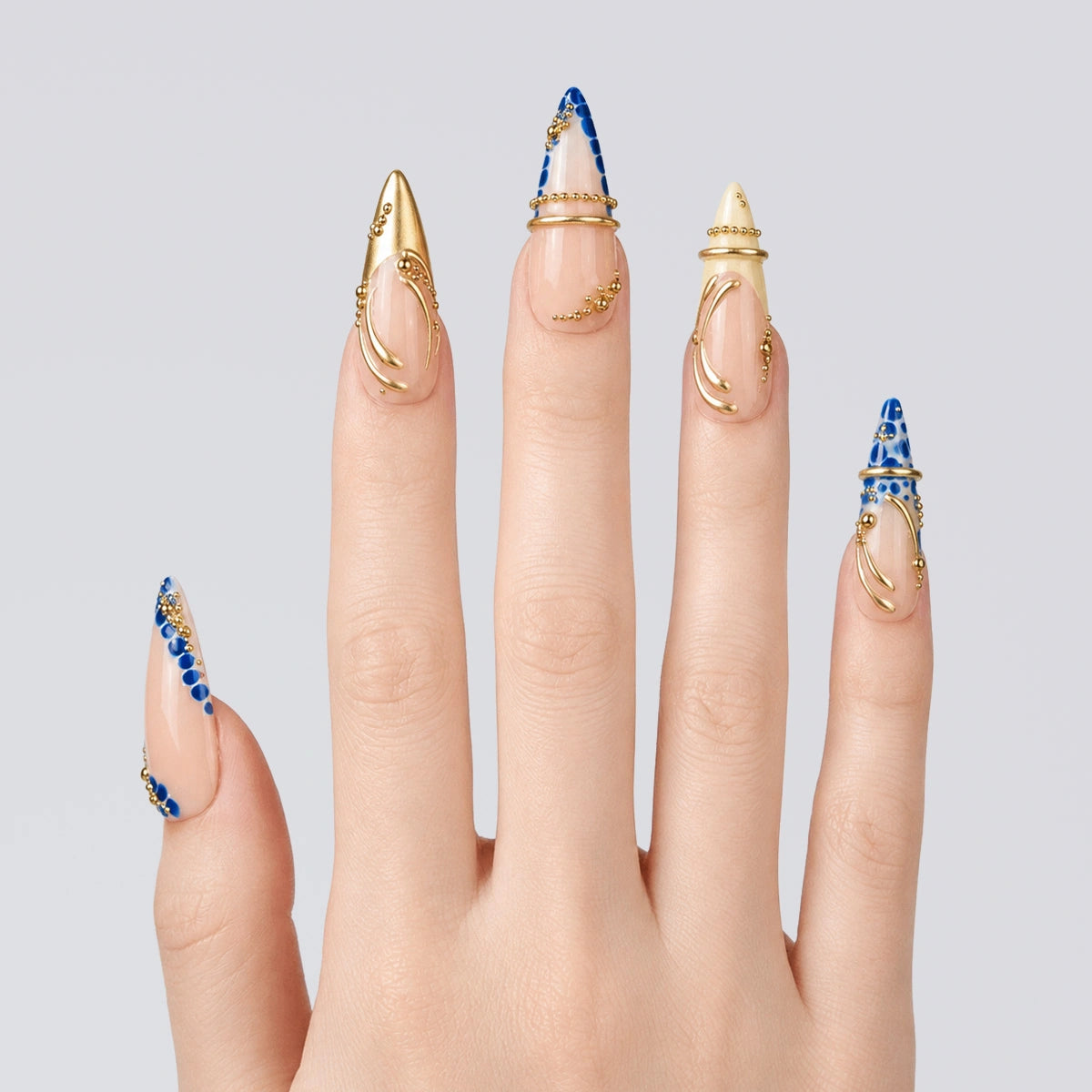 Cobalt Gilded Jewel Stiletto Press On Nails | 10PCS