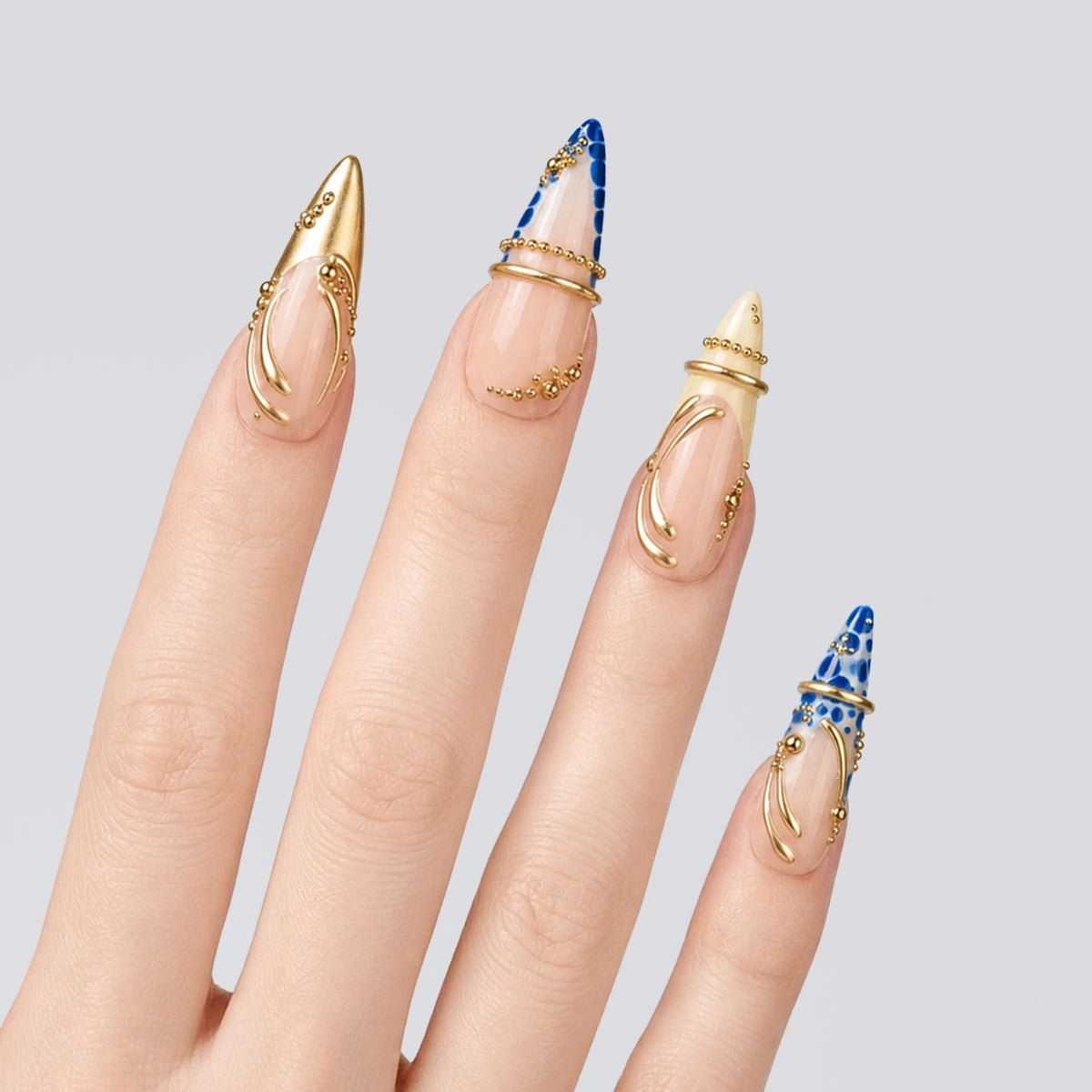 Cobalt Gilded Jewel Stiletto Press On Nails | 10PCS