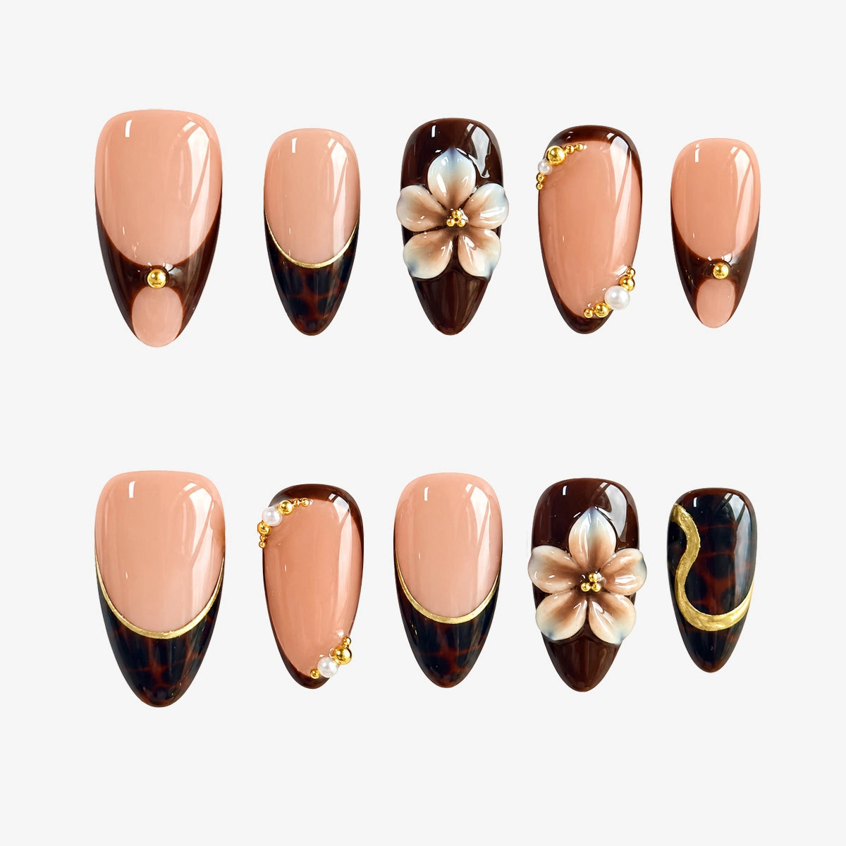 Cocoa Gilded Blossom Almond Press On Nails | Salon-Pro 10PCS