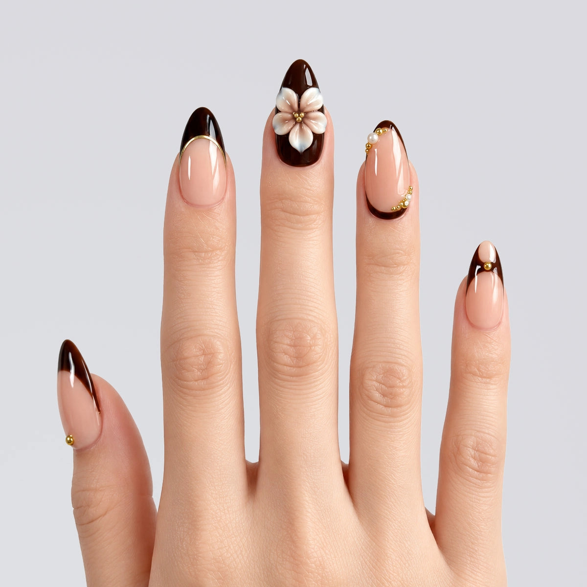 Cocoa Gilded Blossom Almond Press On Nails | Salon-Pro 10PCS