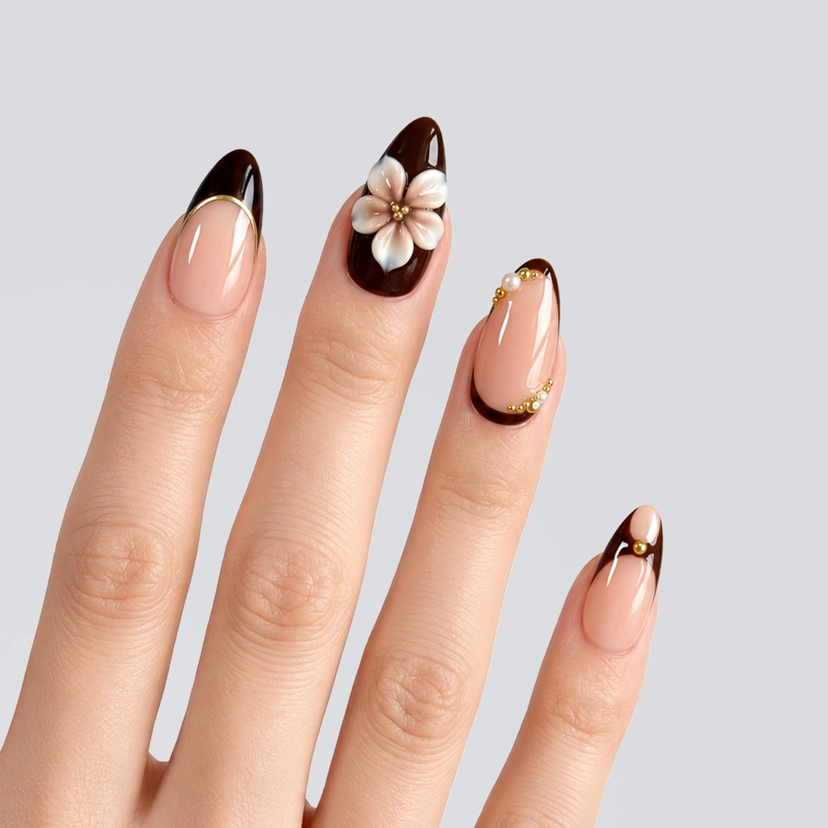 Cocoa Gilded Blossom Almond Press On Nails | Salon-Pro 10PCS