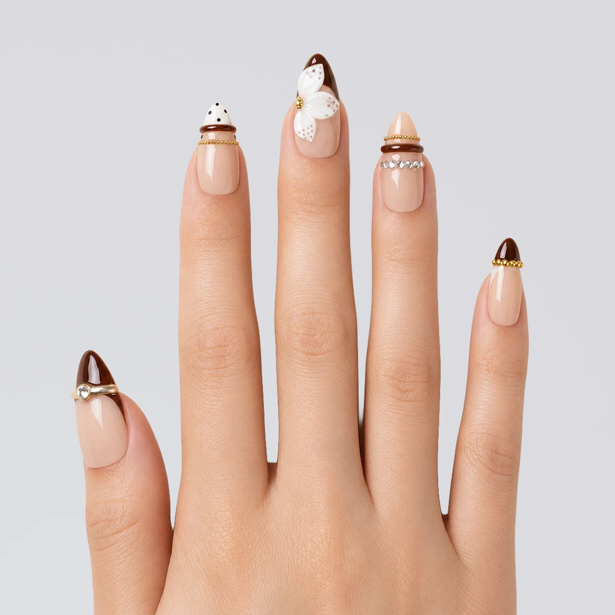 Cocoa Pearl Wing Almond Press On Nails | 10PCS