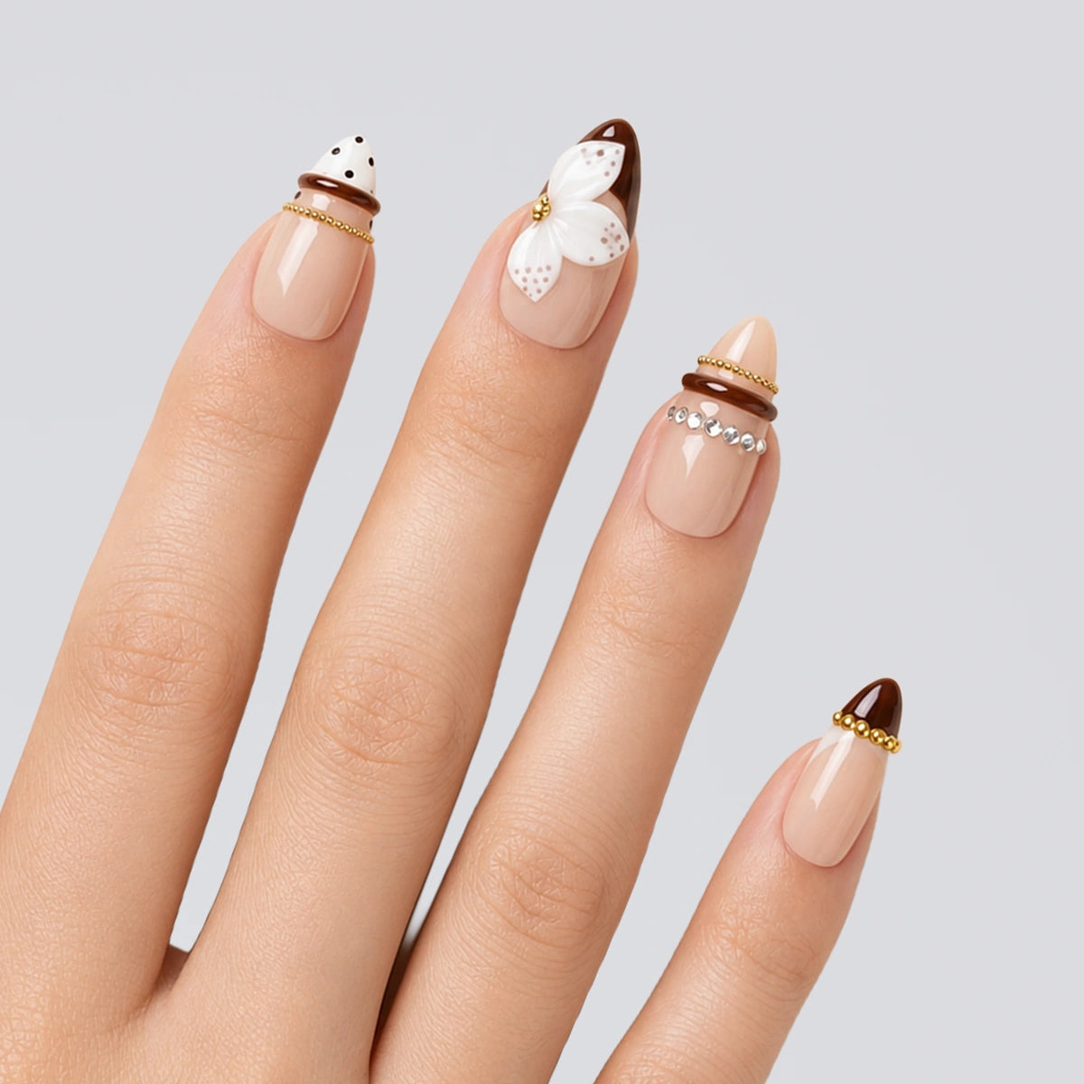 Cocoa Pearl Wing Almond Press On Nails | 10PCS