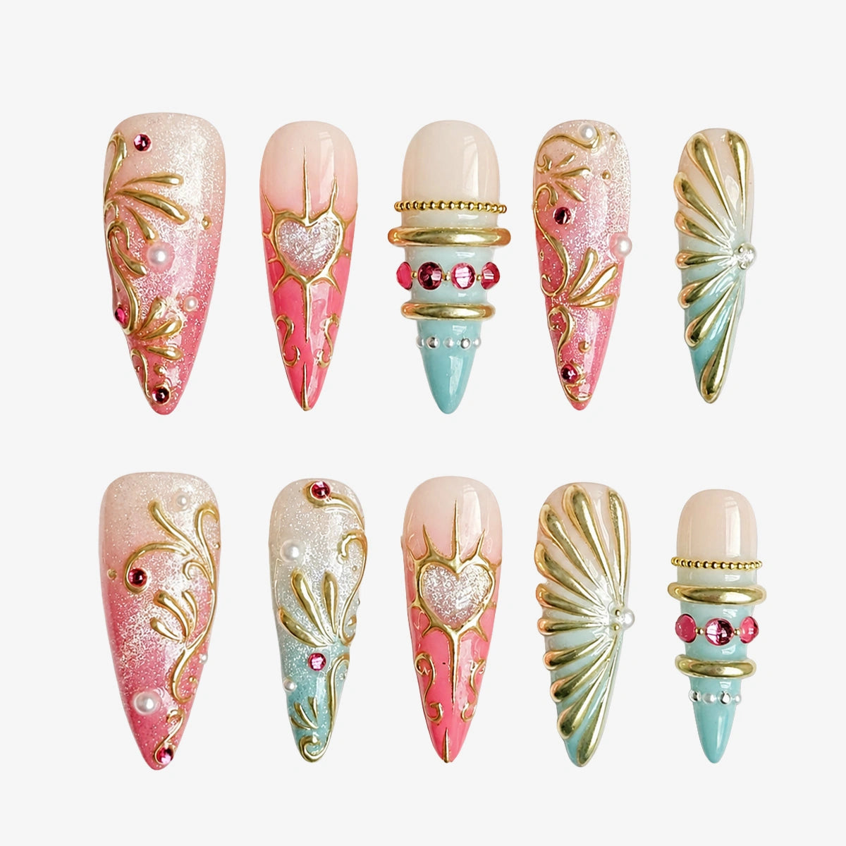 Coral Mint Mermaid Stiletto Press On Nails | 10PCS