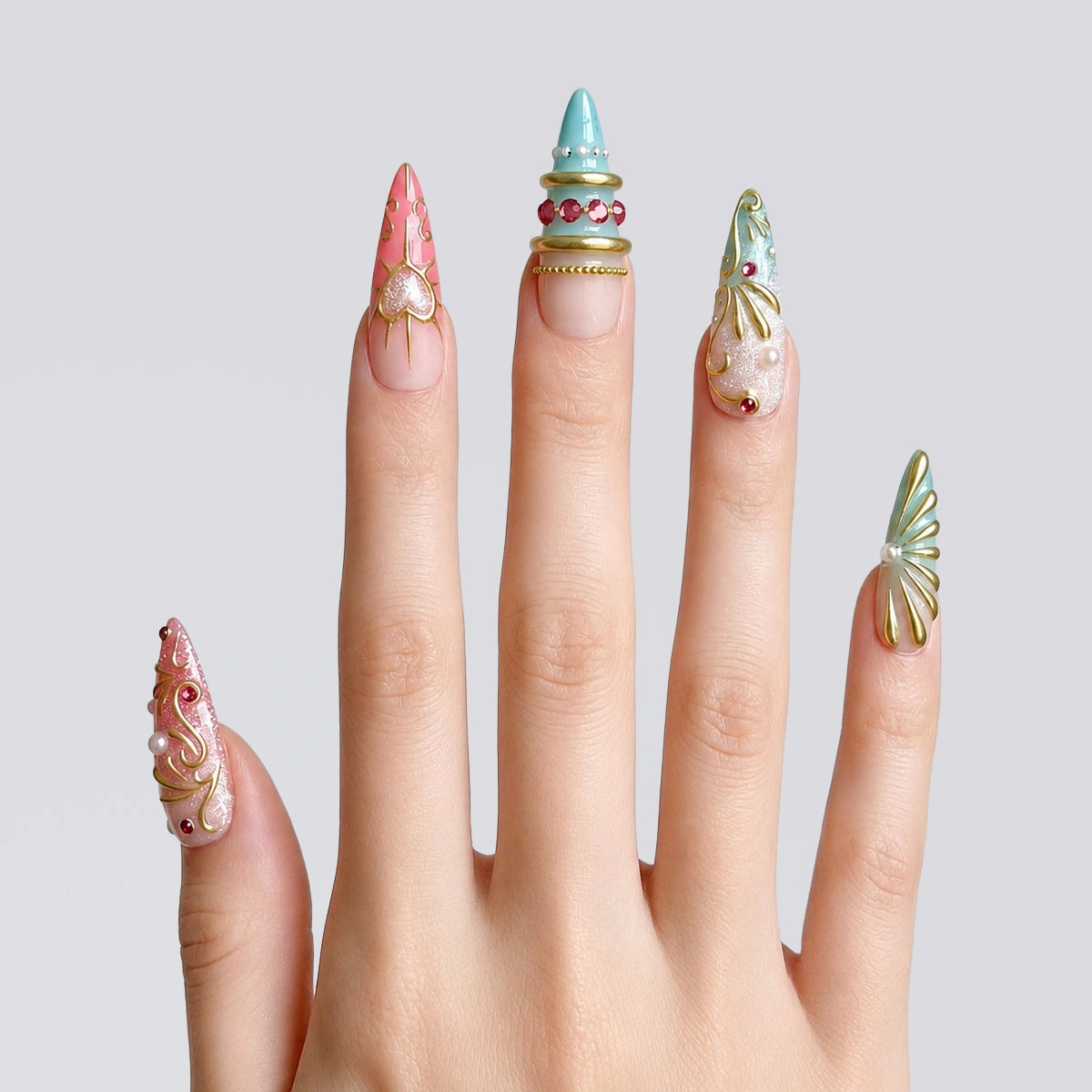 Coral Mint Mermaid Stiletto Press On Nails | 10PCS