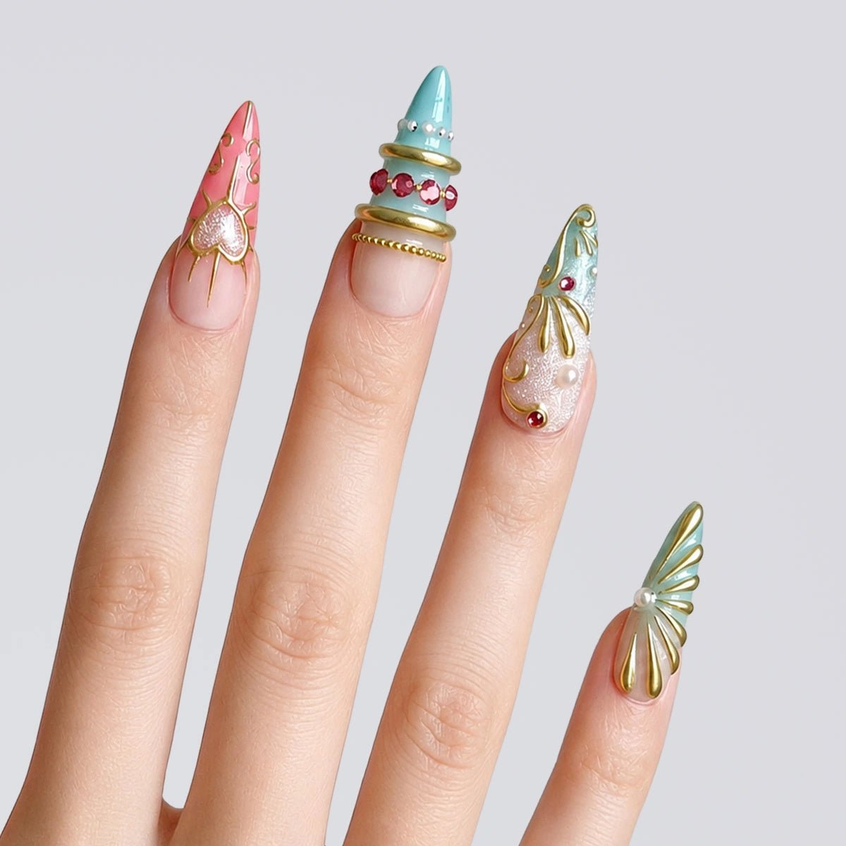 Coral Mint Mermaid Stiletto Press On Nails | 10PCS