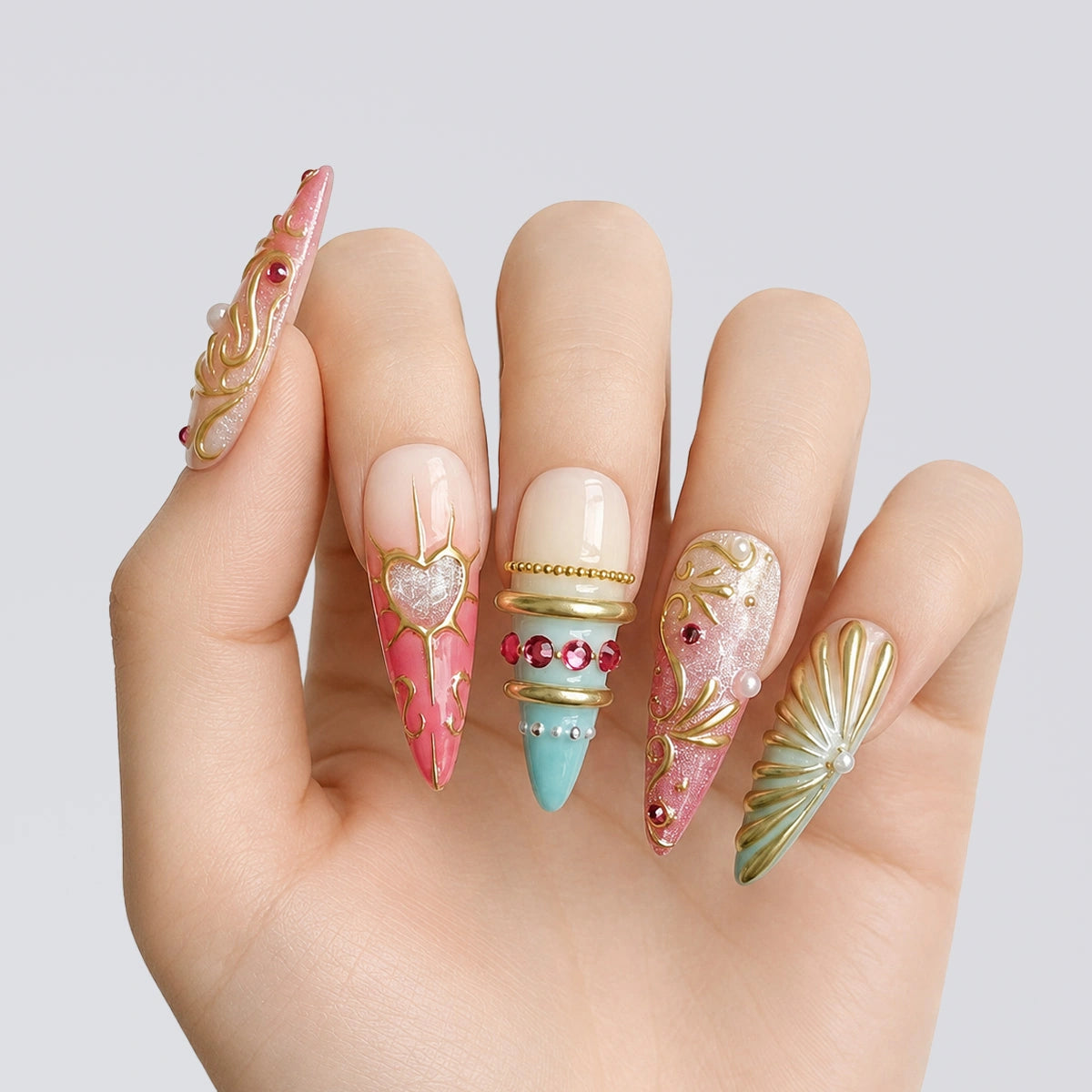Coral Mint Mermaid Stiletto Press On Nails | 10PCS