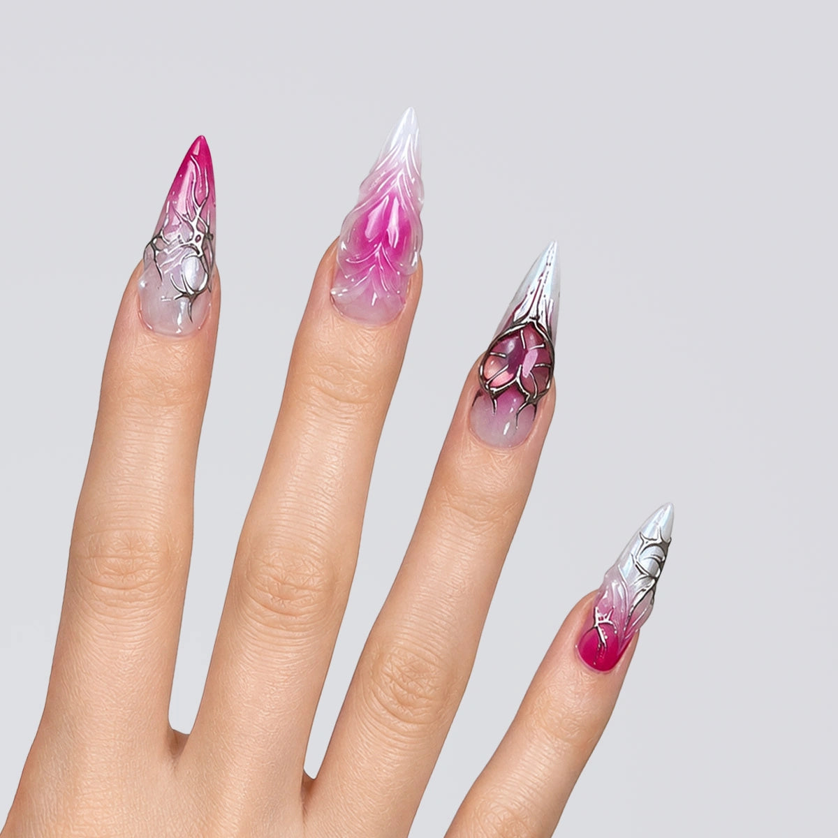 Fuchsia Chrome Thorn Stiletto Press On Nails | 10PCS