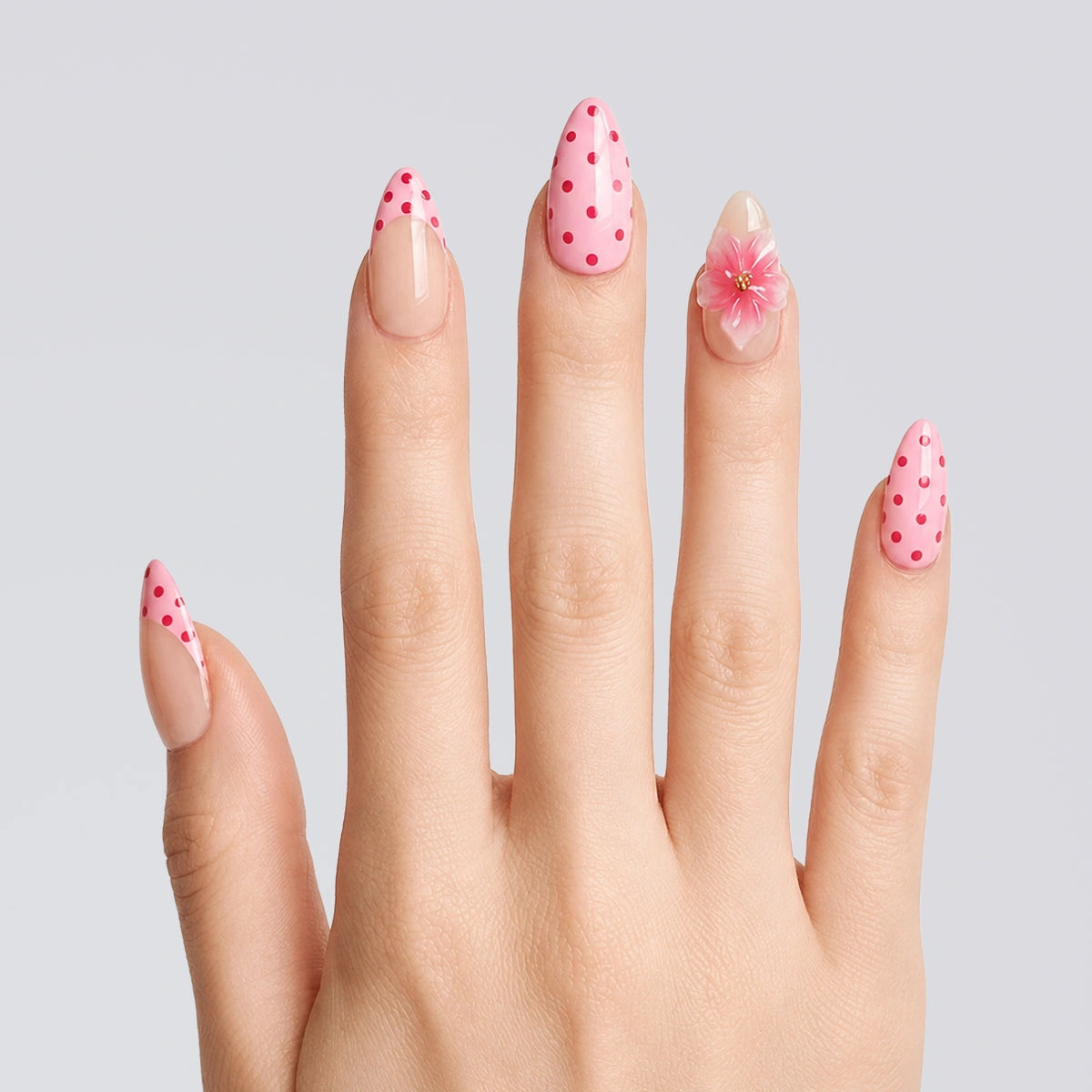 Fuchsia Dot Bloom Almond Press On Nails | 10PCS