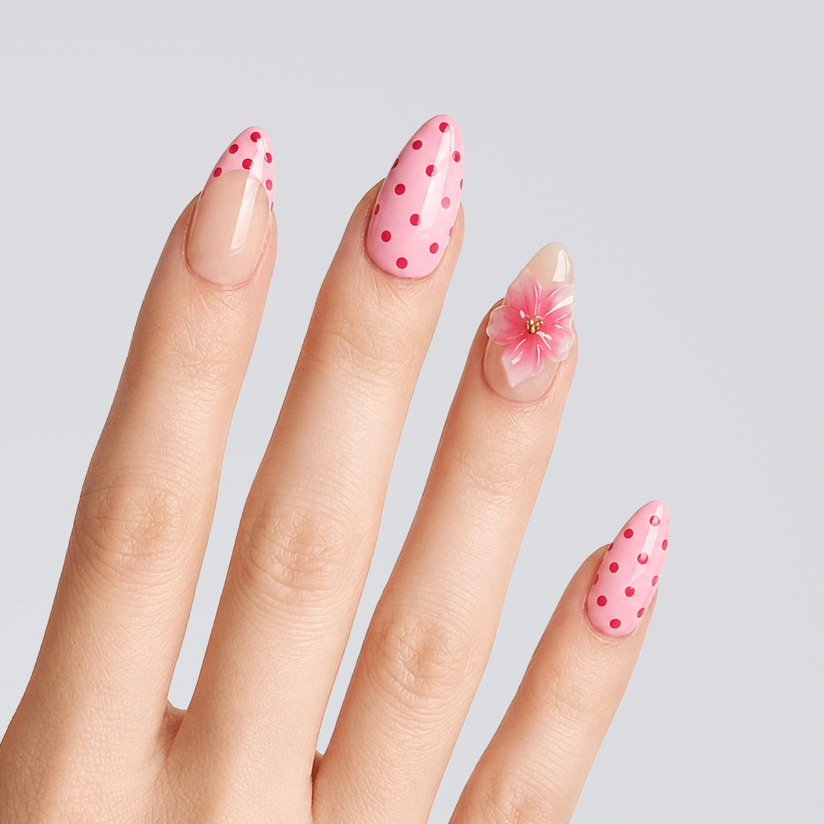 Fuchsia Dot Bloom Almond Press On Nails | 10PCS