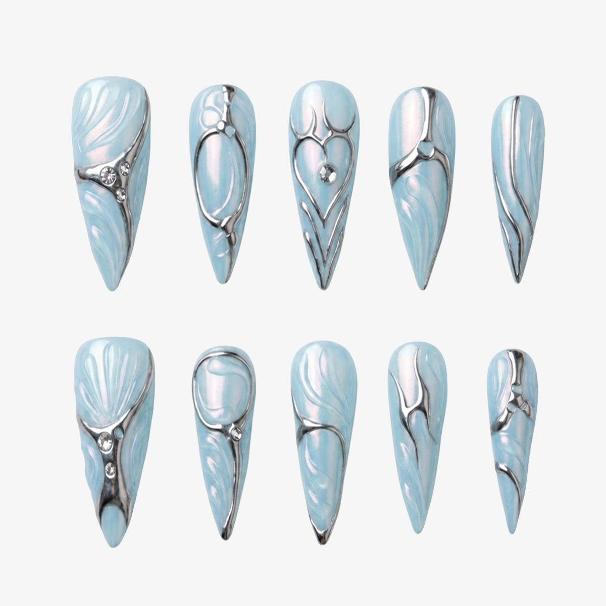 Ice Blue Chrome Stiletto Press On Nails | 10PCS