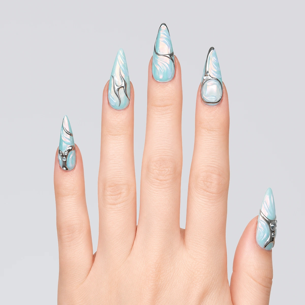 Ice Blue Chrome Stiletto Press On Nails | 10PCS