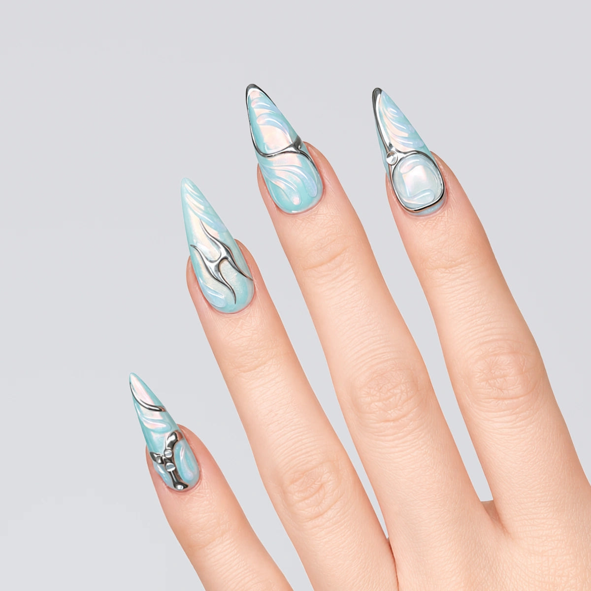 Ice Blue Chrome Stiletto Press On Nails | 10PCS