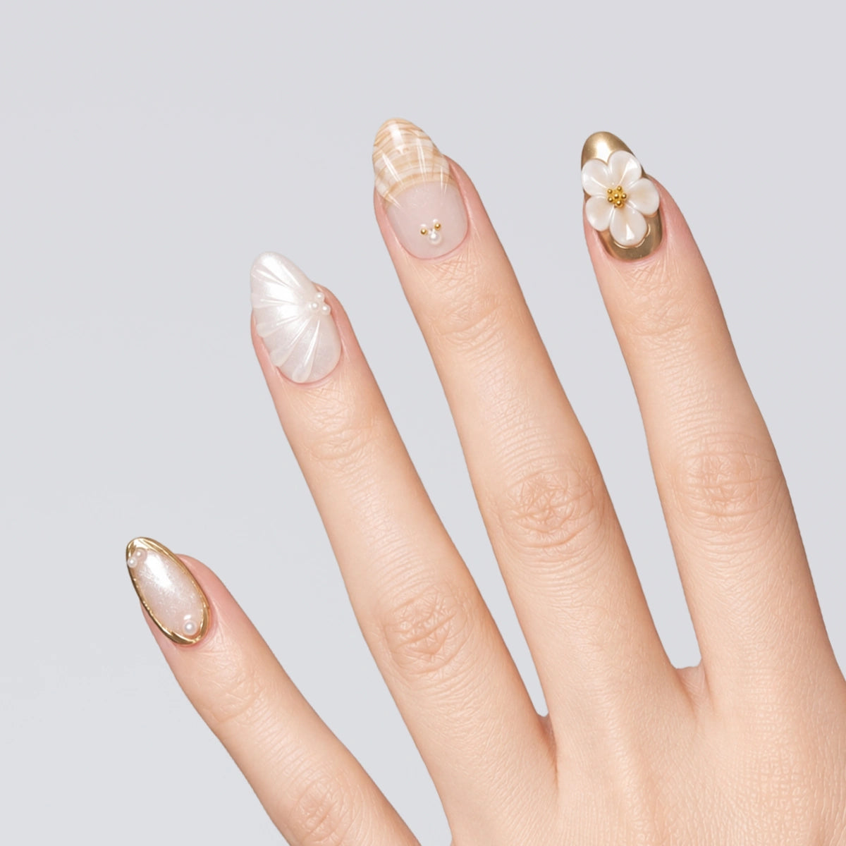 Ivory Pearl Shell Short Almond Press On Nails | 10PCS