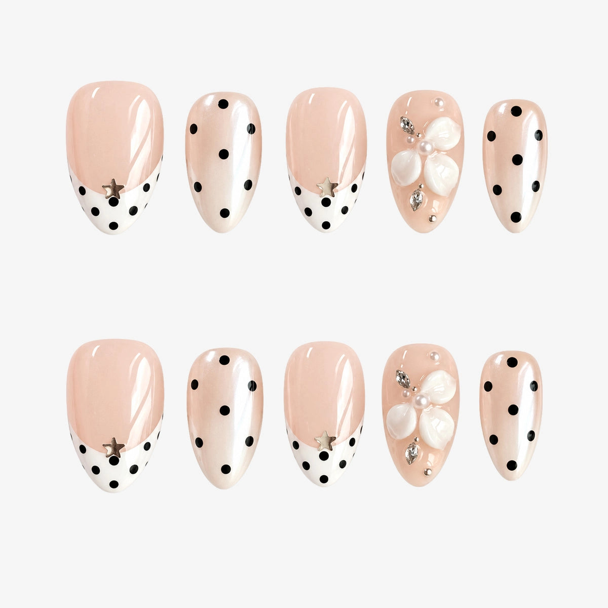 Ivory Polka Bloom Almond Press On Nails | Salon-Pro 10PCS