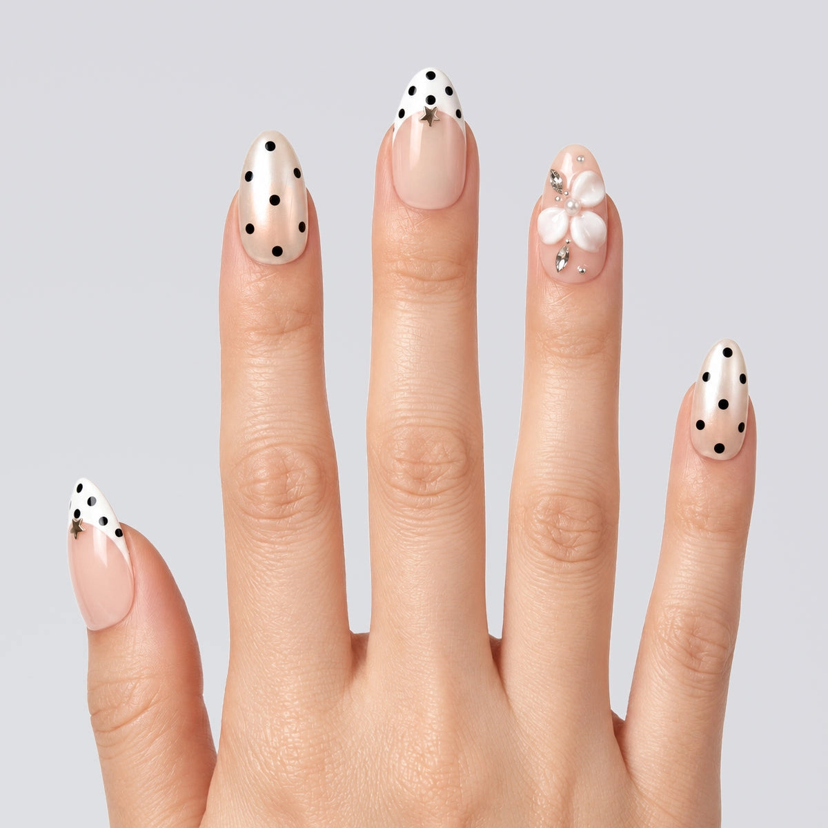 Ivory Polka Bloom Almond Press On Nails | Salon-Pro 10PCS
