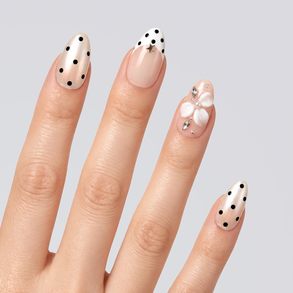 Ivory Polka Bloom Almond Press On Nails | Salon-Pro 10PCS