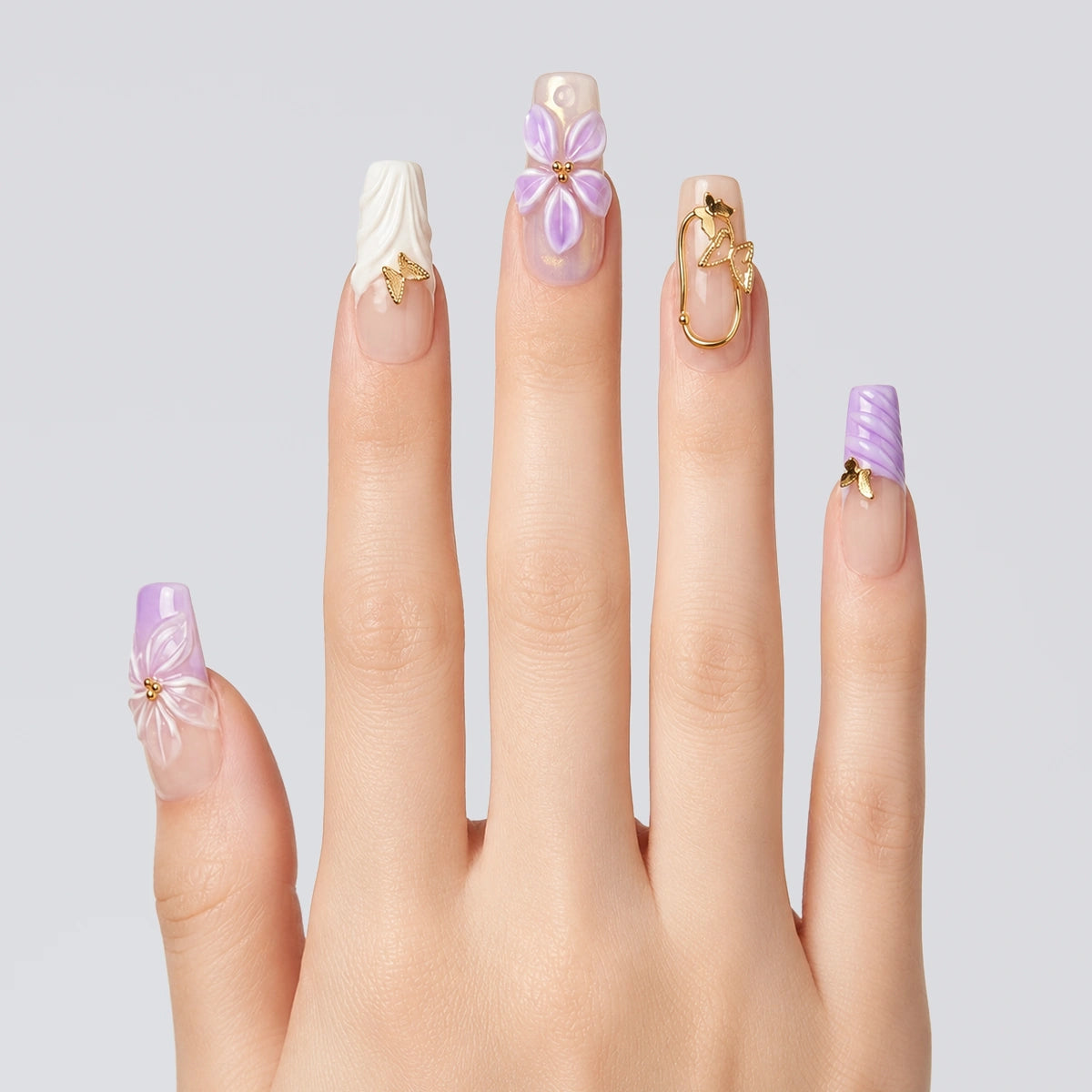 Lilac Pearl Bloom Long Square Press On Nails | 10PCS