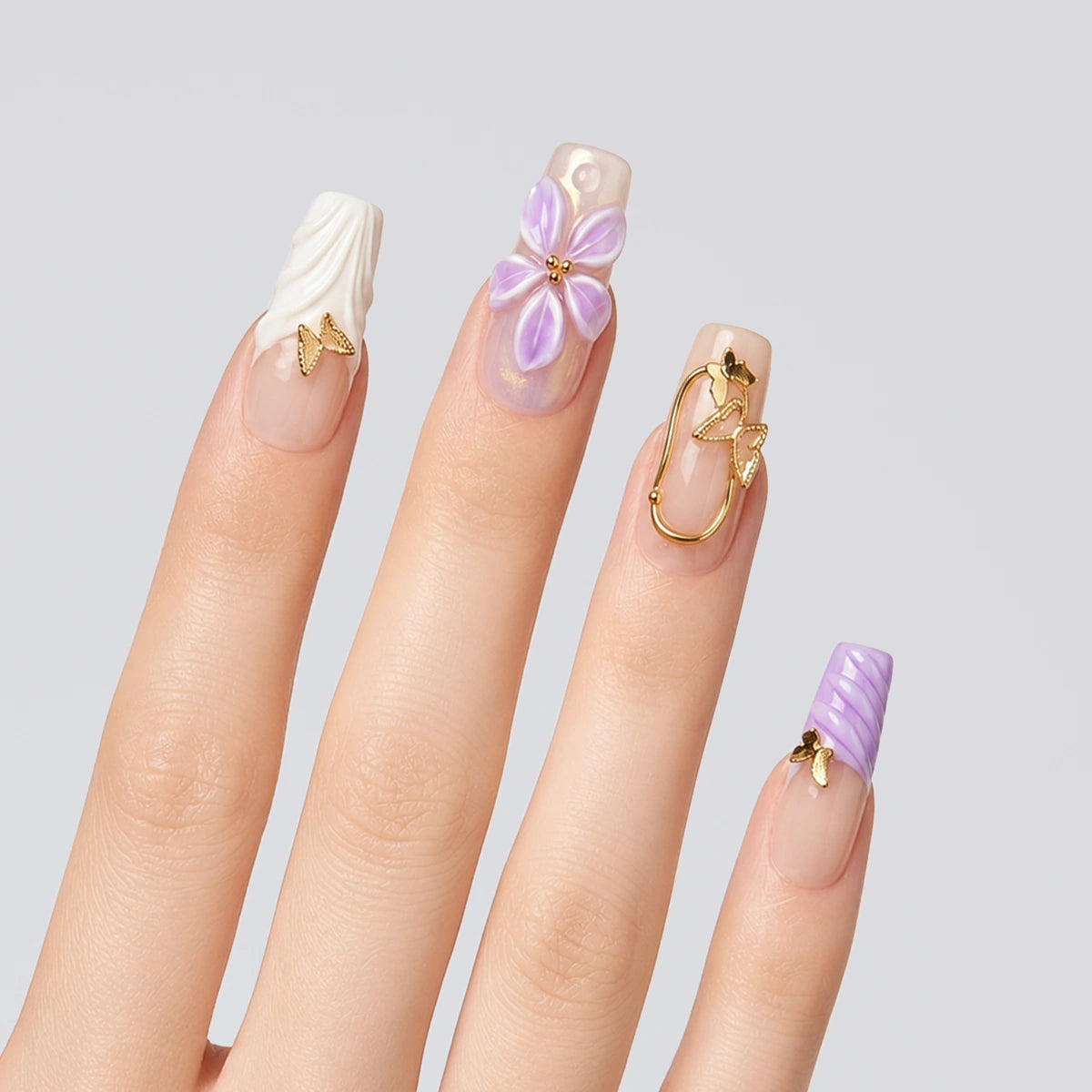 Lilac Pearl Bloom Long Square Press On Nails | 10PCS