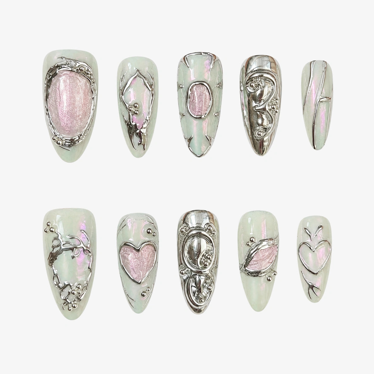 Mint Chrome Almond Press On Nails | 10PCS