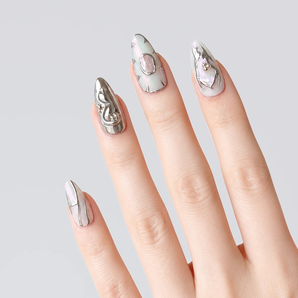 Mint Chrome Almond Press On Nails | 10PCS