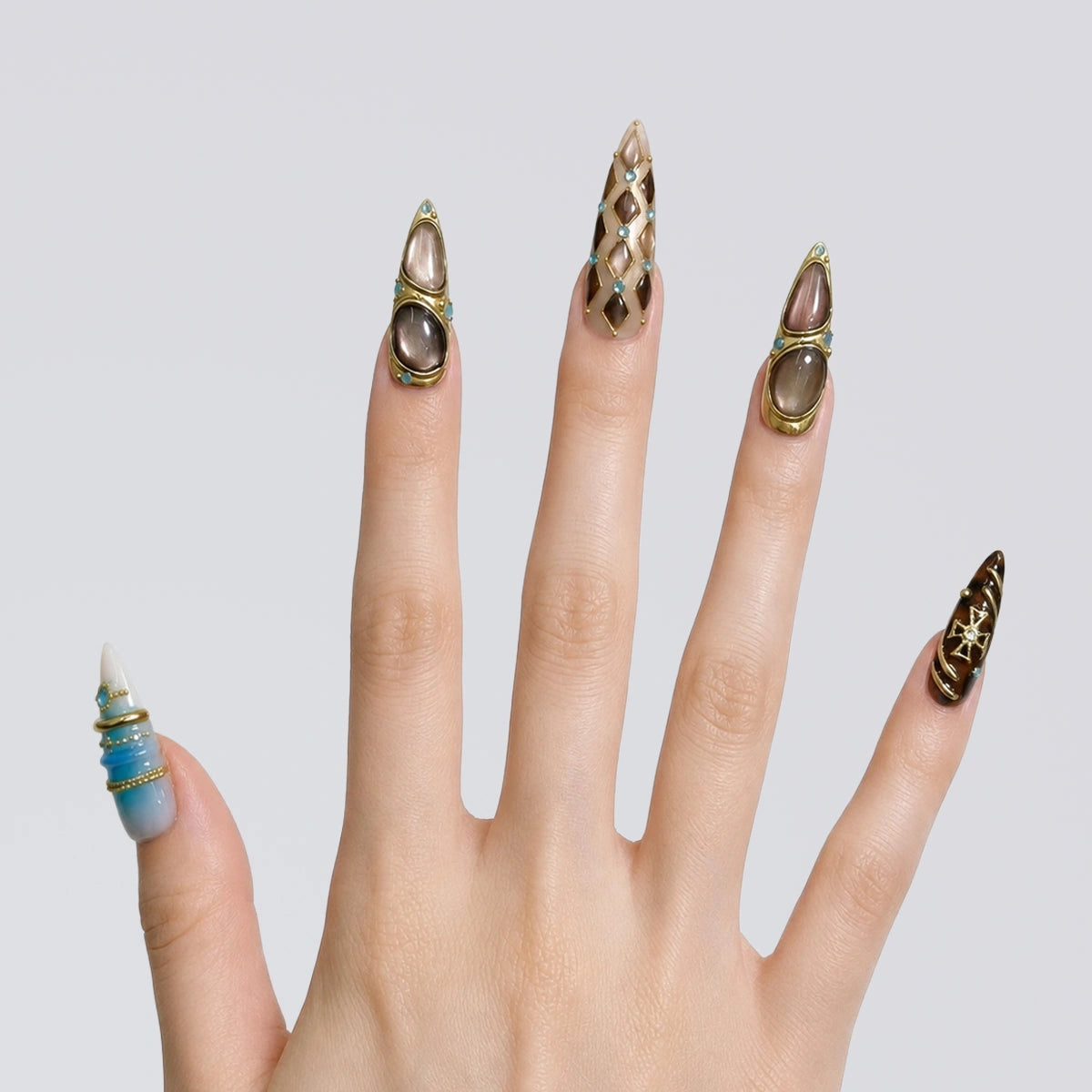 Obsidian Bronze Orbit Stiletto Press On Nails | 10PCS
