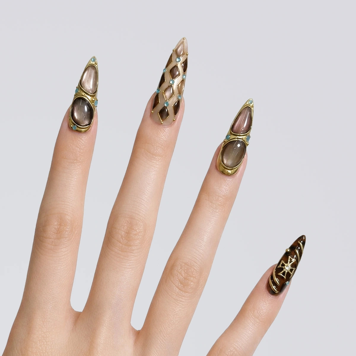 Obsidian Bronze Orbit Stiletto Press On Nails | 10PCS