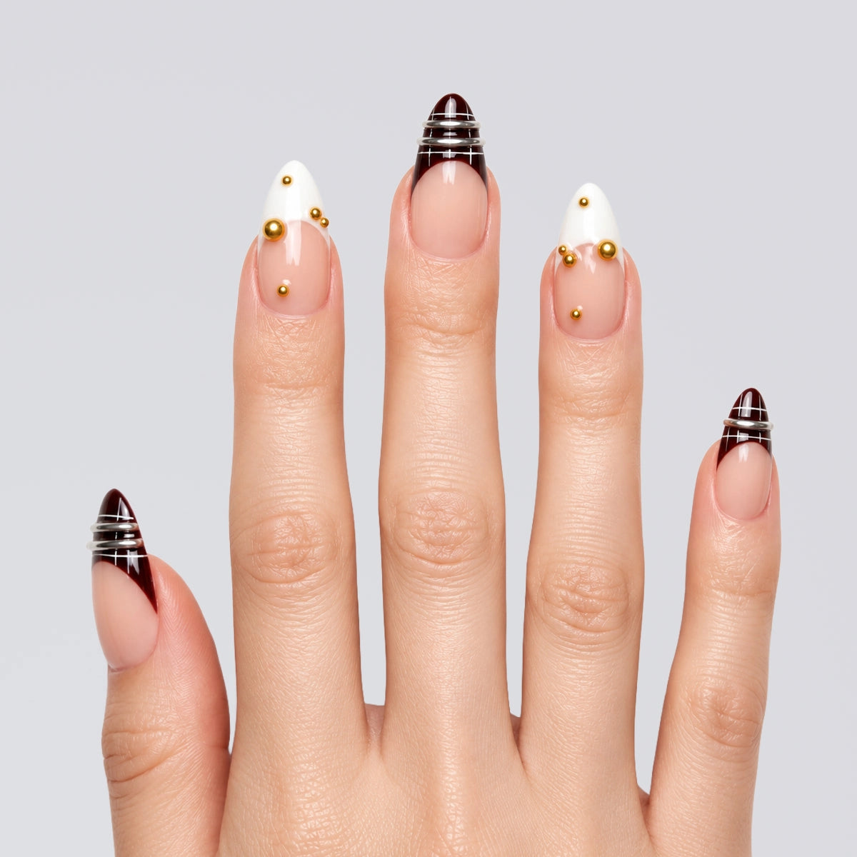 Onyx Gilded Plaid Almond Press On Nails | Salon-Pro 10PCS