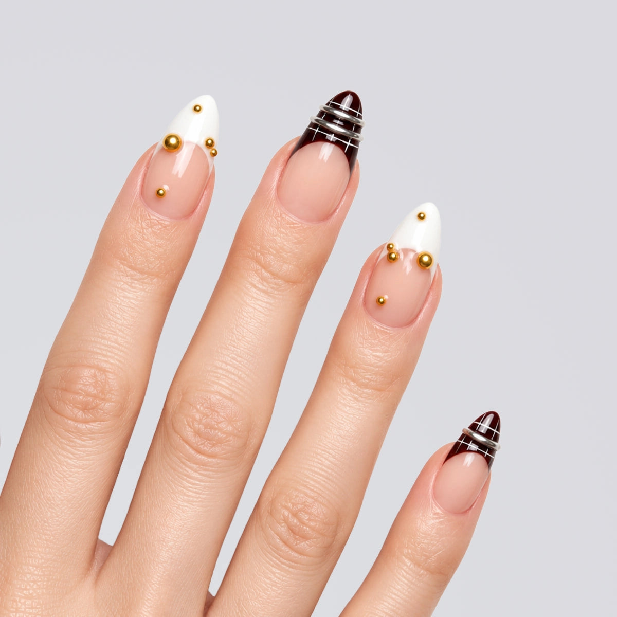 Onyx Gilded Plaid Almond Press On Nails | Salon-Pro 10PCS
