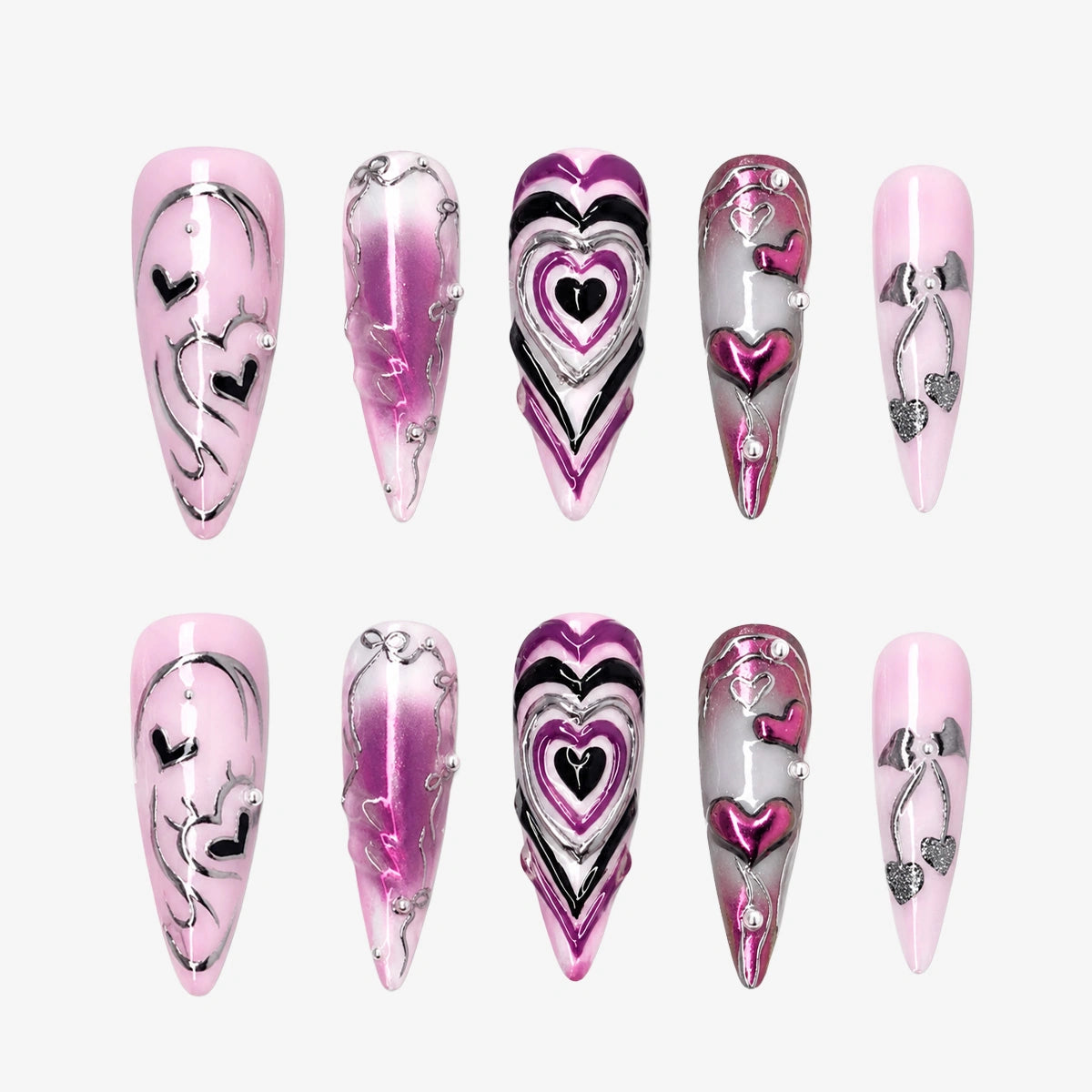 Pink Chrome Heart Stiletto Press On Nails | 10PCS