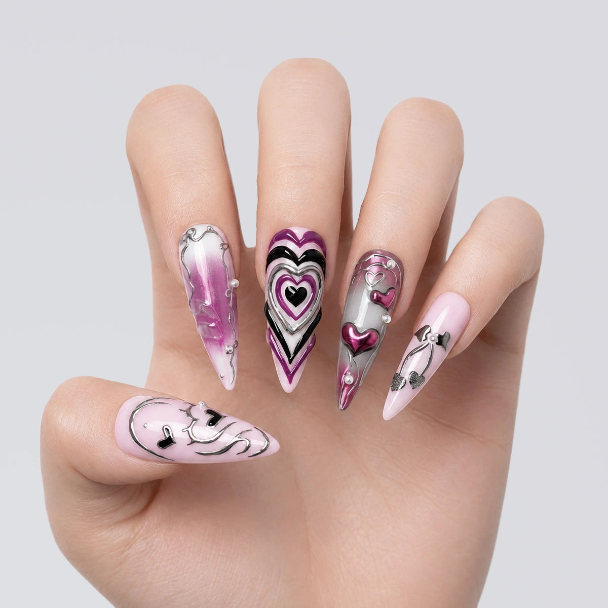 Pink Chrome Heart Stiletto Press On Nails | 10PCS