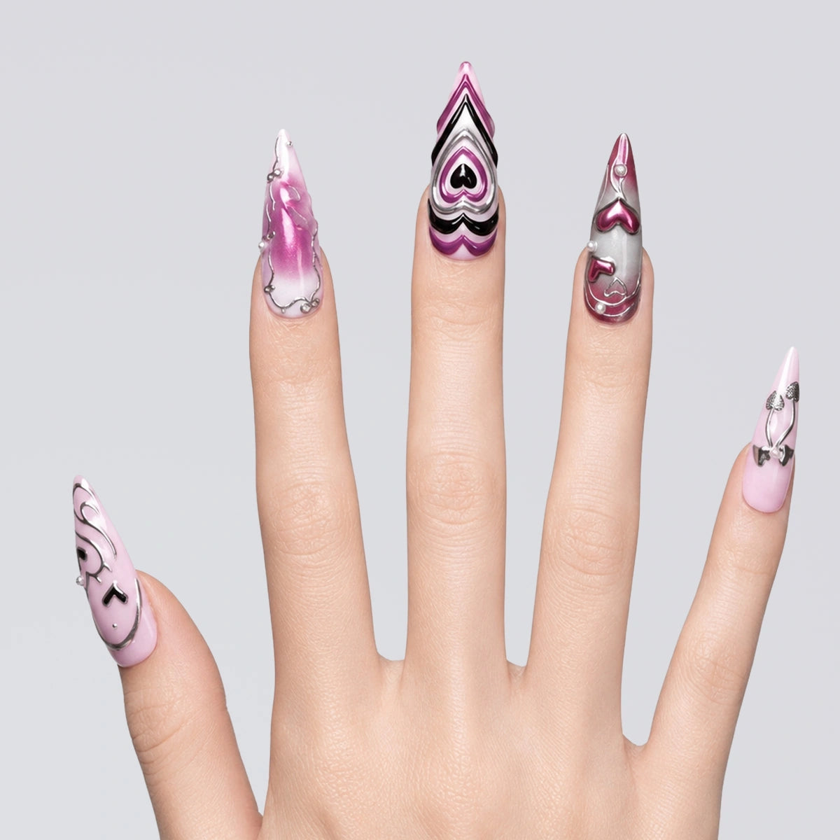 Pink Chrome Heart Stiletto Press On Nails | 10PCS