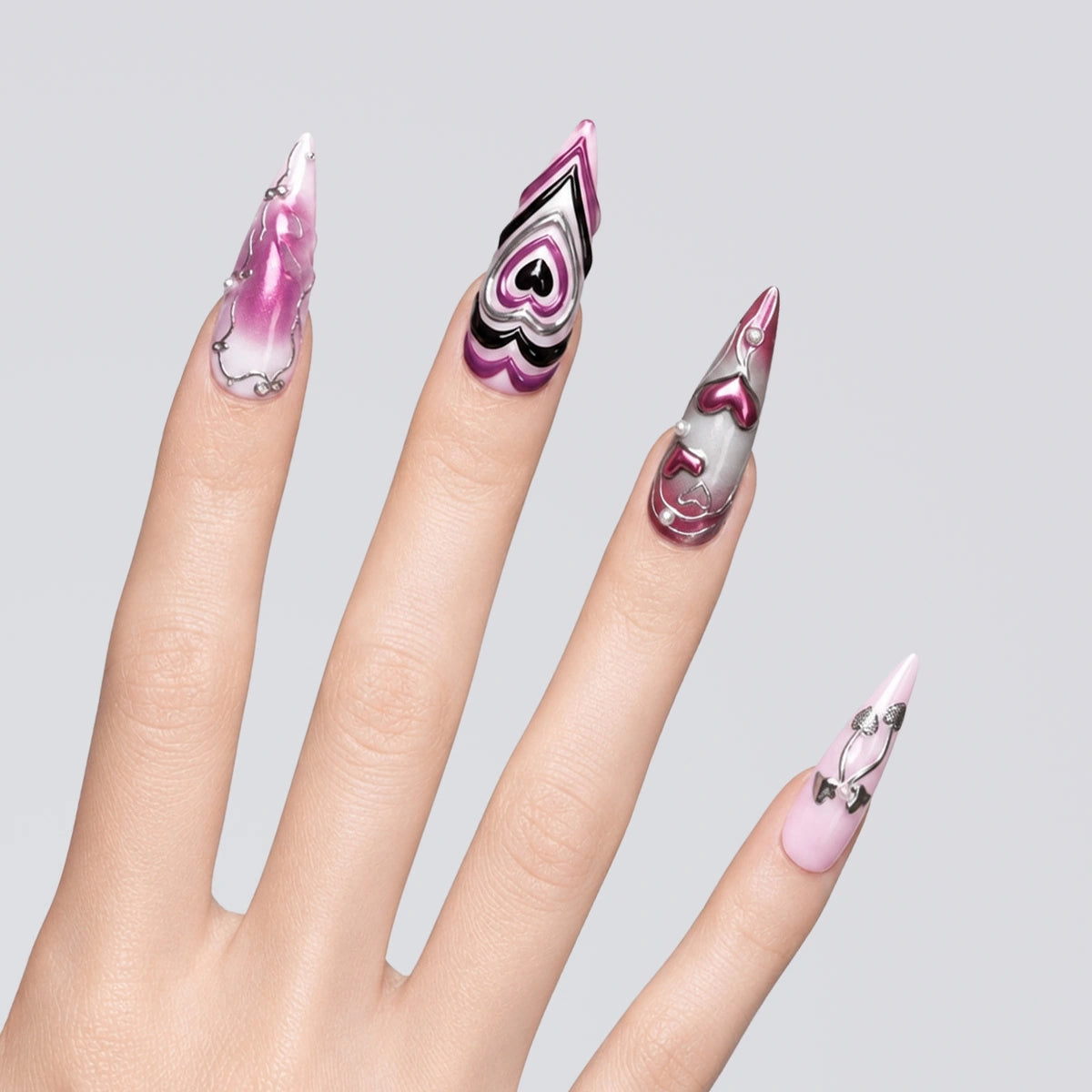 Pink Chrome Heart Stiletto Press On Nails | 10PCS