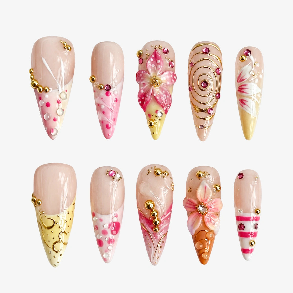 Pink Gold Jewel Stiletto Press On Nails | 10PCS
