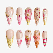 Pink Gold Jewel Stiletto Press On Nails | 10PCS
