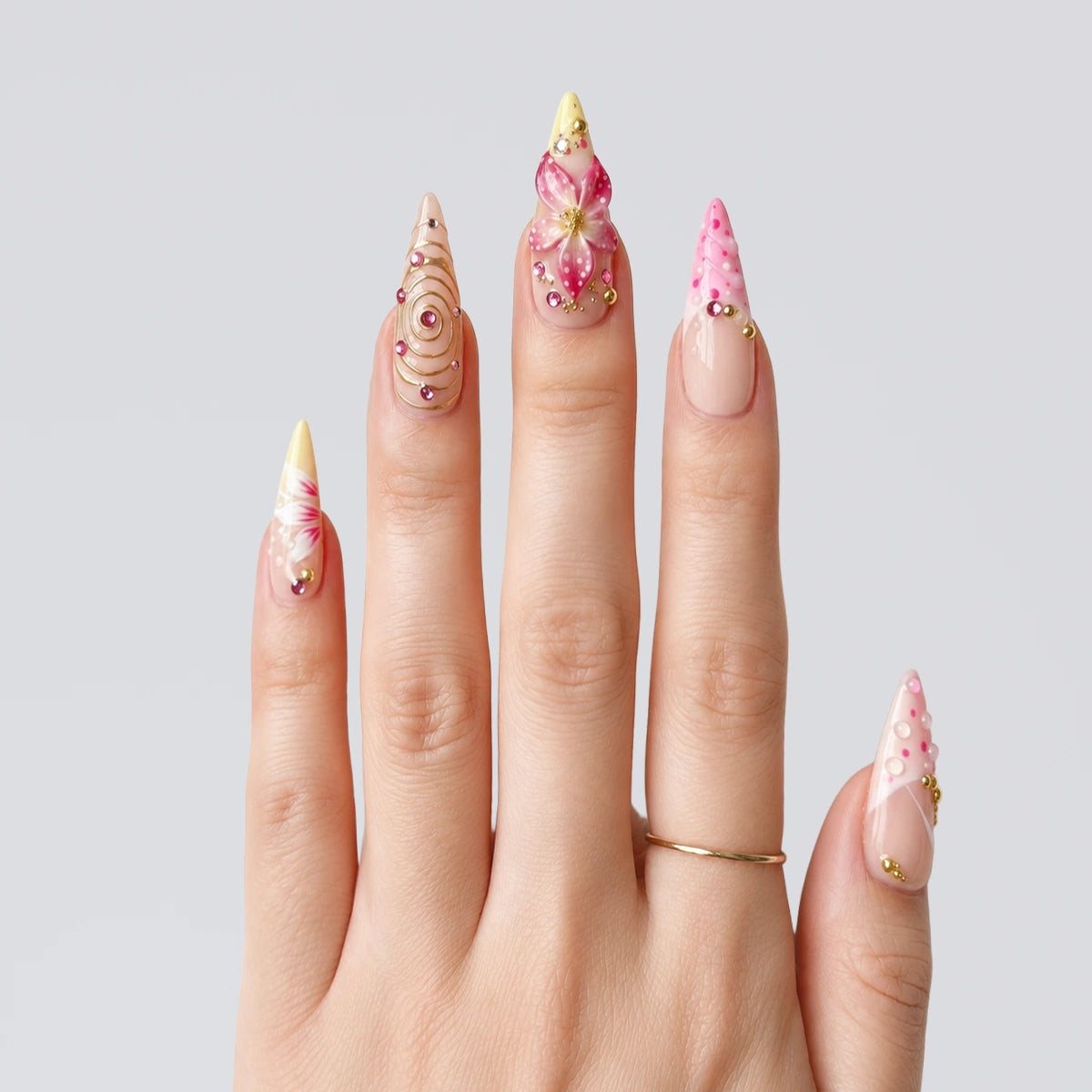 Pink Gold Jewel Stiletto Press On Nails | 10PCS