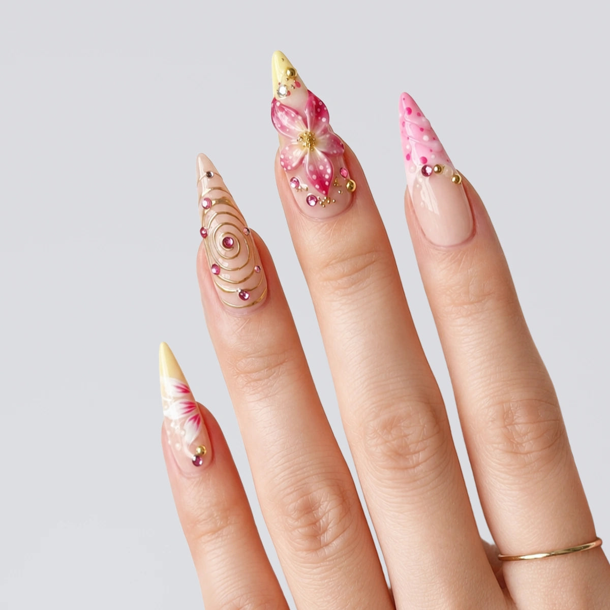 Pink Gold Jewel Stiletto Press On Nails | 10PCS