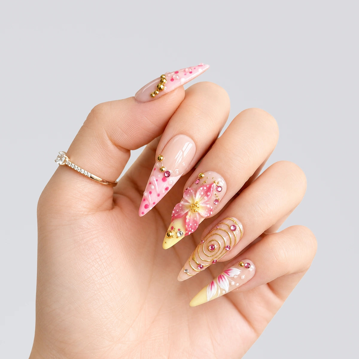 Pink Gold Jewel Stiletto Press On Nails | 10PCS