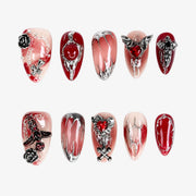 Ruby Silver Relic Almond Press On Nails | 10PCS