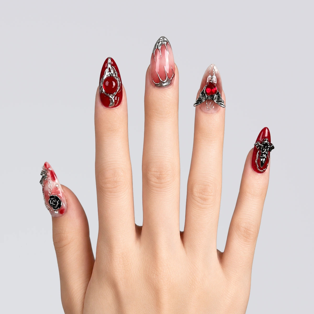 Ruby Silver Relic Almond Press On Nails | 10PCS